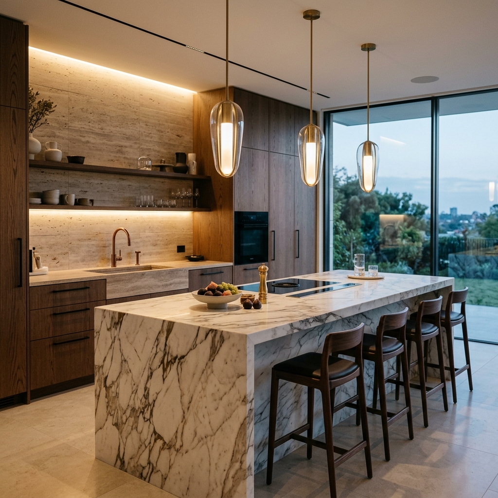 Modern kitchen with stone and warm wood